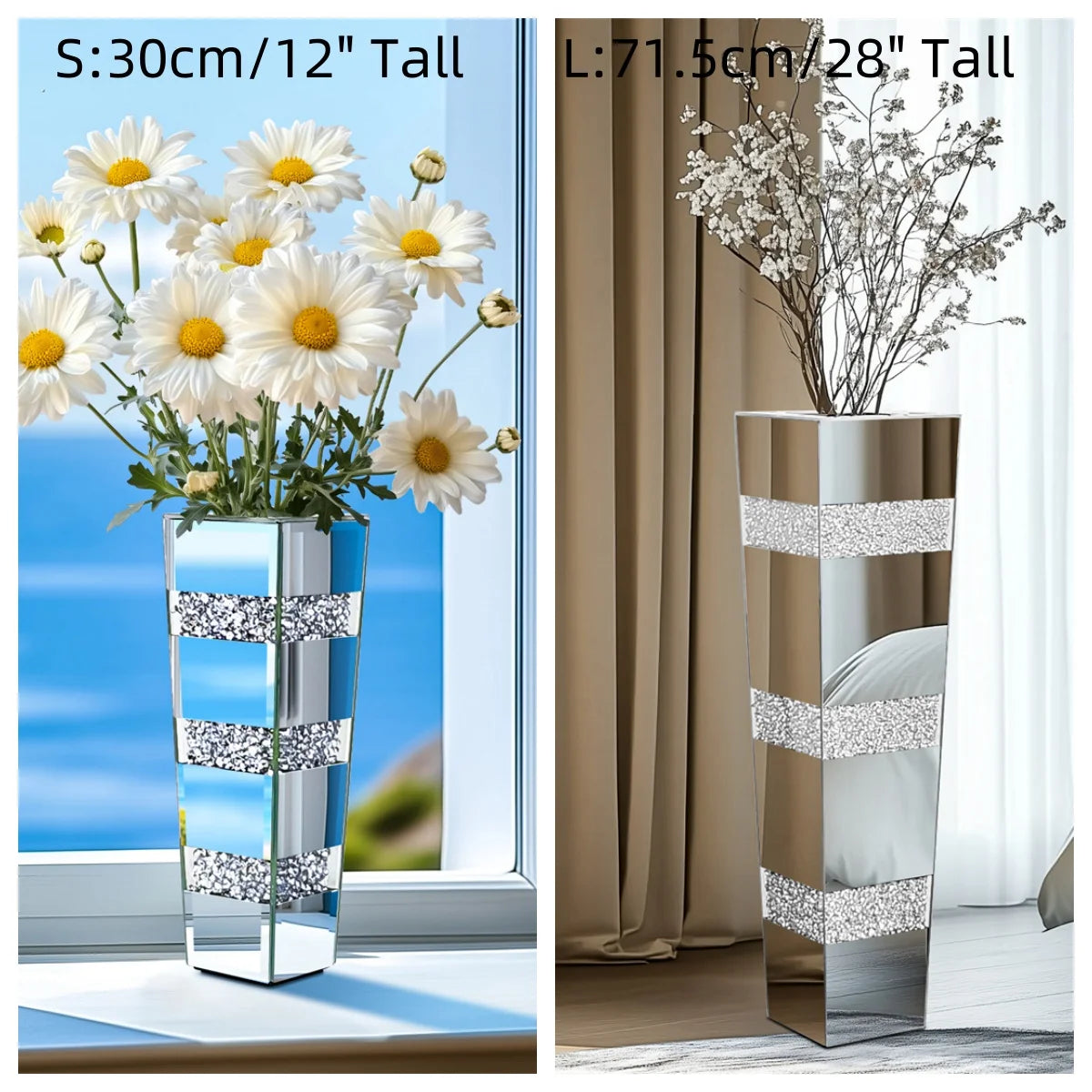 Modern Crystal Silver Mirrored Floor Vase – Luxury Decorative Standing Flower Vase
