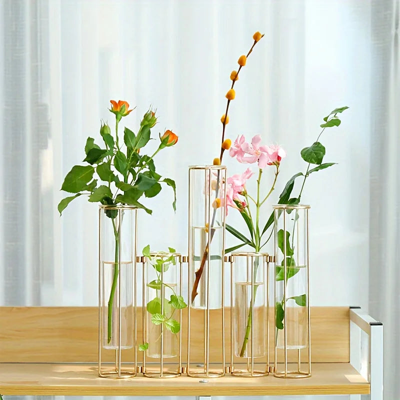 Gold Test Tube Vase with Metal Stand