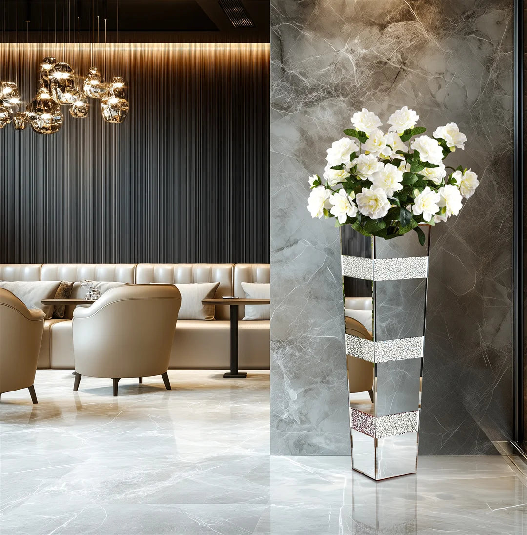 Modern Crystal Silver Mirrored Floor Vase – Luxury Decorative Standing Flower Vase
