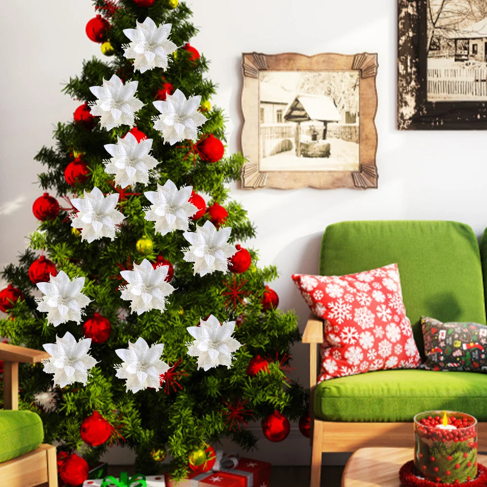 12/24/36Pcs Glitter Poinsettia Christmas Flowers Ornaments