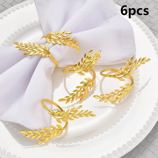 6Pcs Gold Wheat Napkin Rings Metal Leaf Napkin Holder