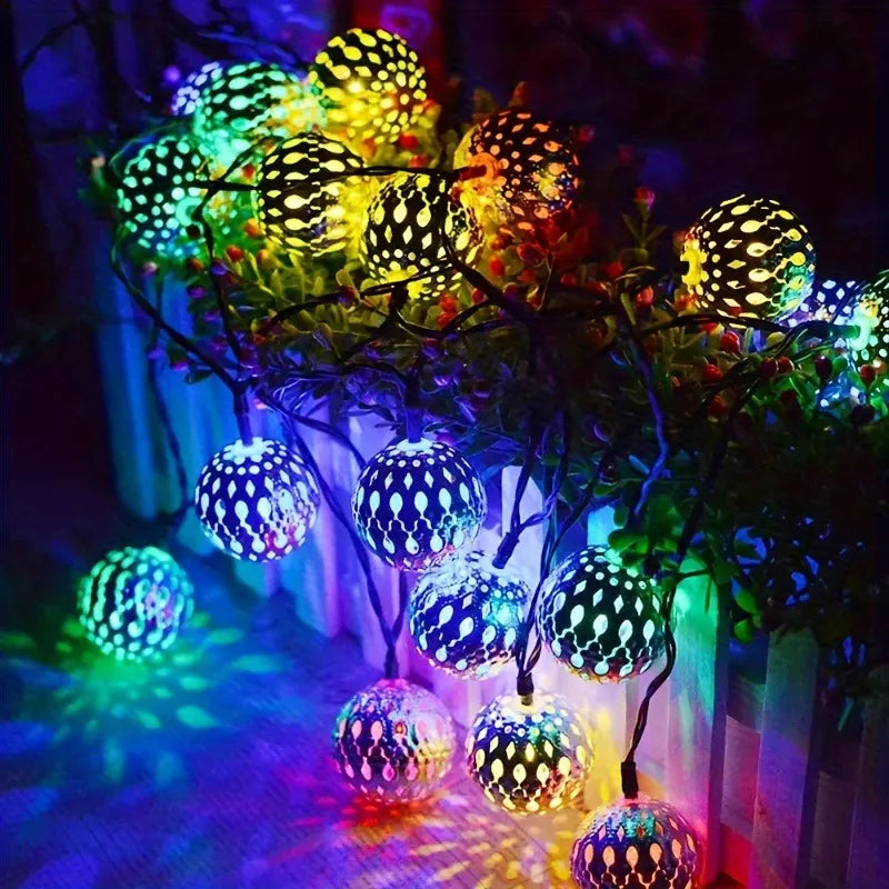 Solar Moroccan Metal String Lights – Colorful Outdoor Fairy Lights for Holidays