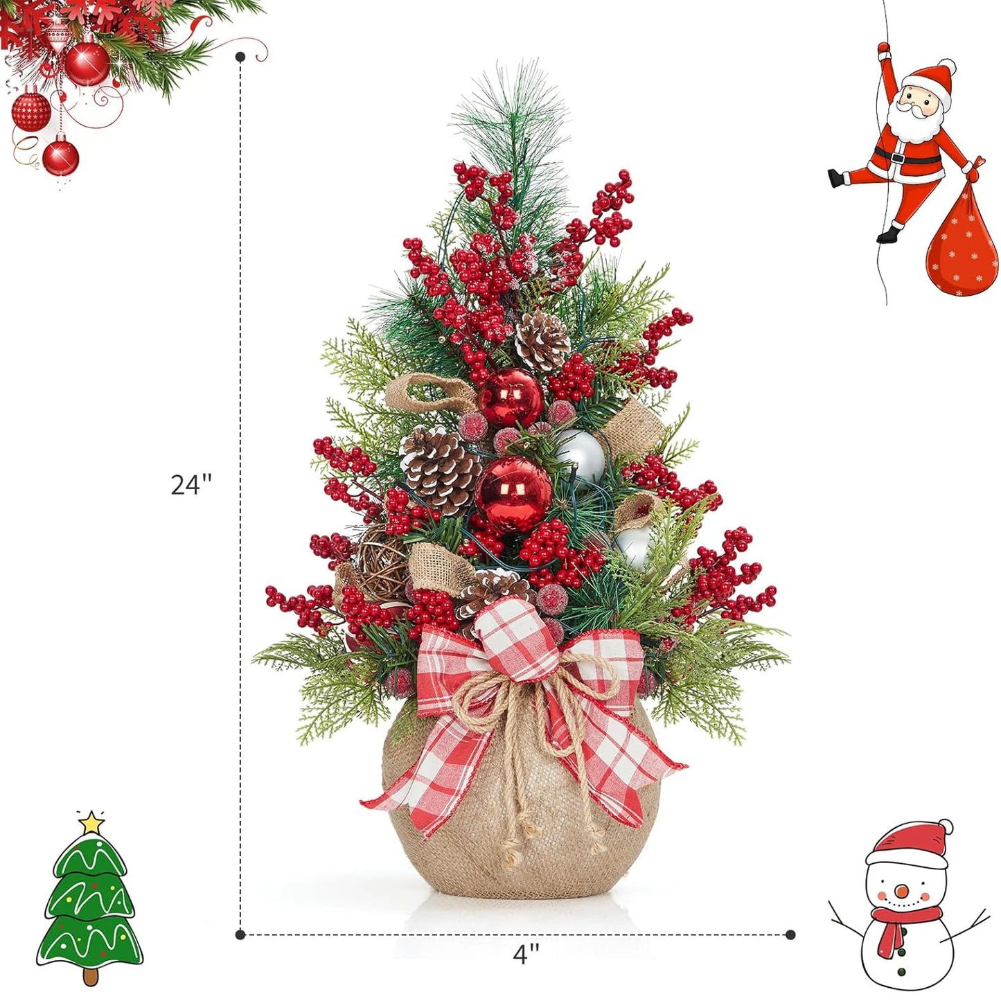 24-Inch Pre-Lit Mini Christmas Tree with Ornaments & Bow
