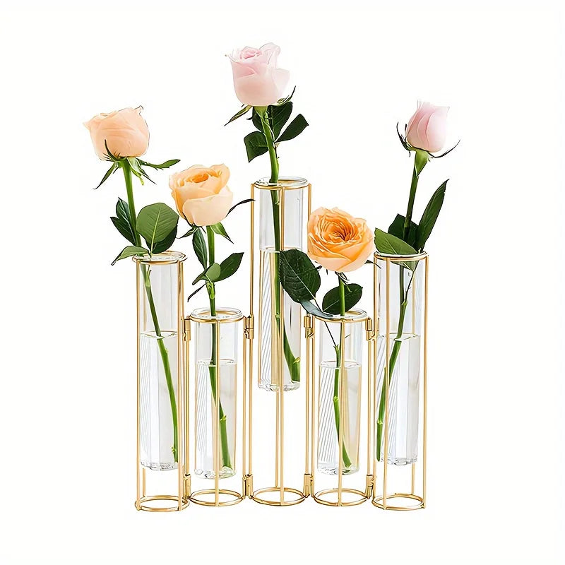 Gold Test Tube Vase with Metal Stand