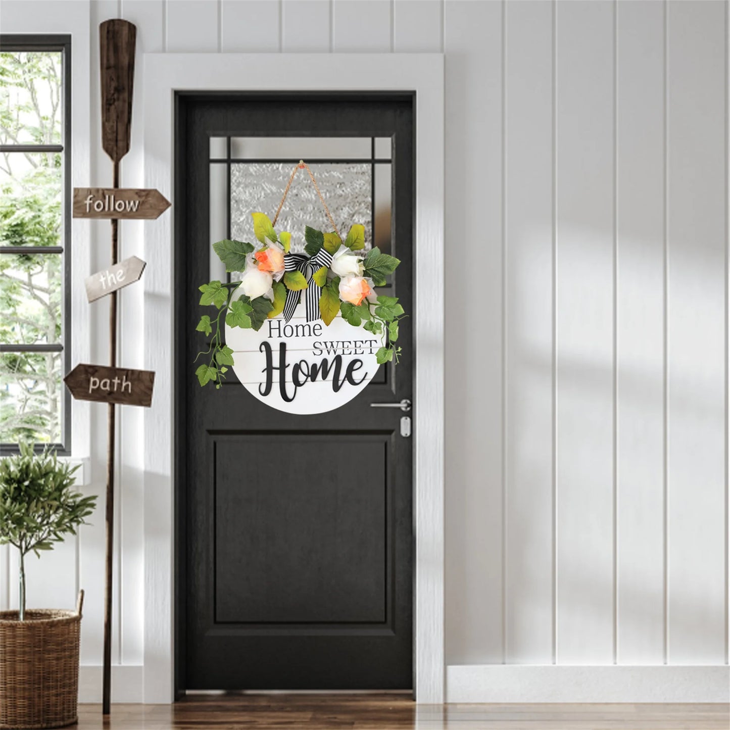 Rustic Wooden Welcome Sign with Flower Wreath