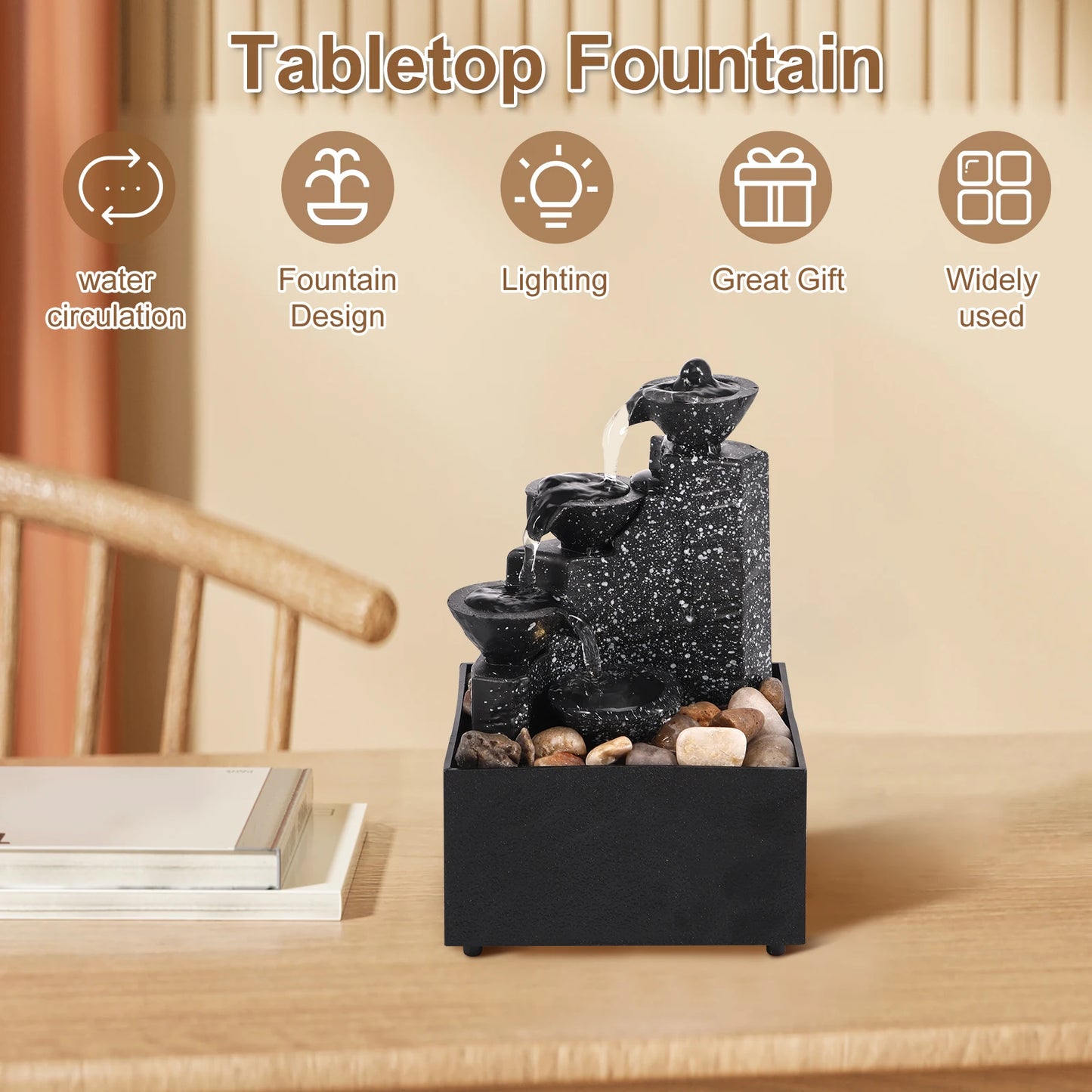 Art Waterfall Tabletop Fountain – Mini Zen Desktop Decor with LED Light & Pebbles