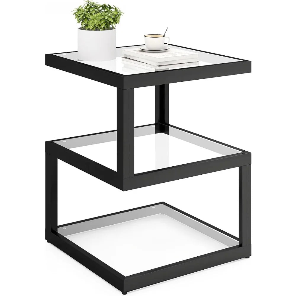 3-Tier Glass Table with LED Strip – Modern S-Shaped Metal Side Table