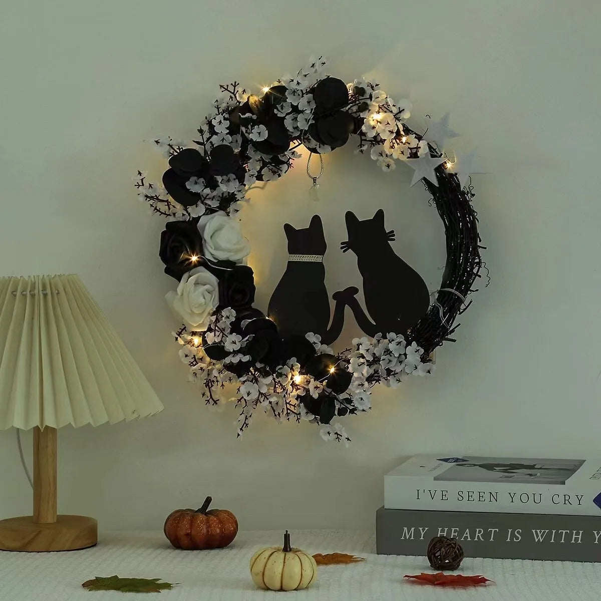 Black Cat Halloween Wreath – Crescent Spooky Front Door Décor