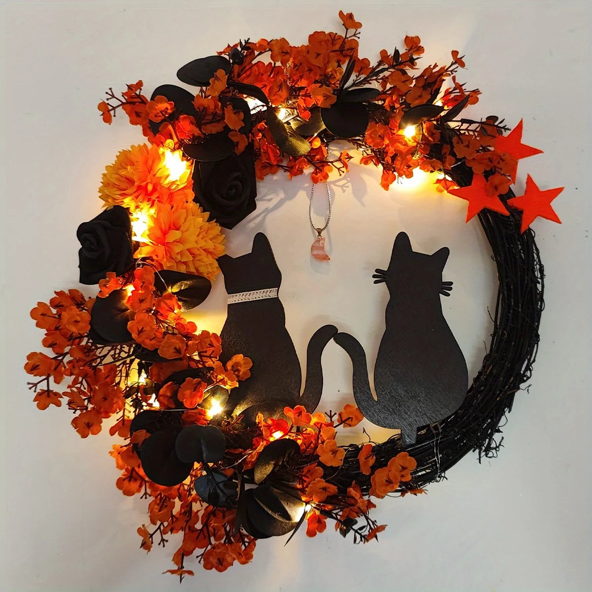 Black Cat Halloween Wreath – Crescent Spooky Front Door Décor